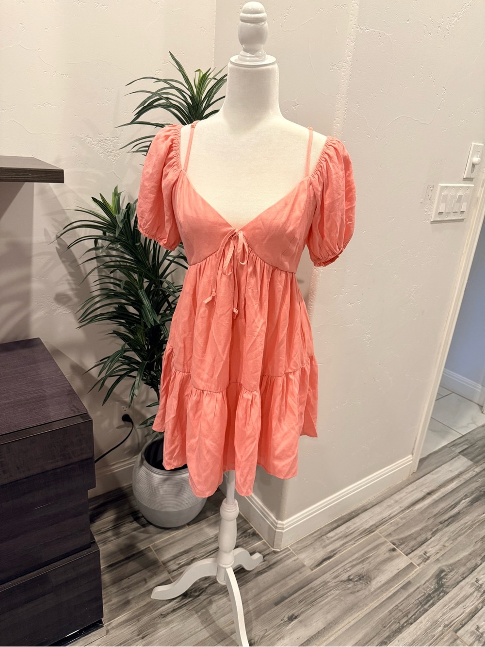 HYFVE Coral Puff Sleeve Tie-Front Mini Dress